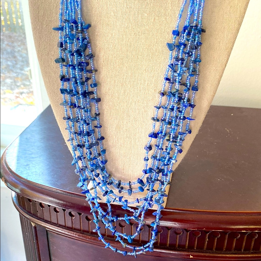 Multi strand, long necklace, seed beaded and real stones